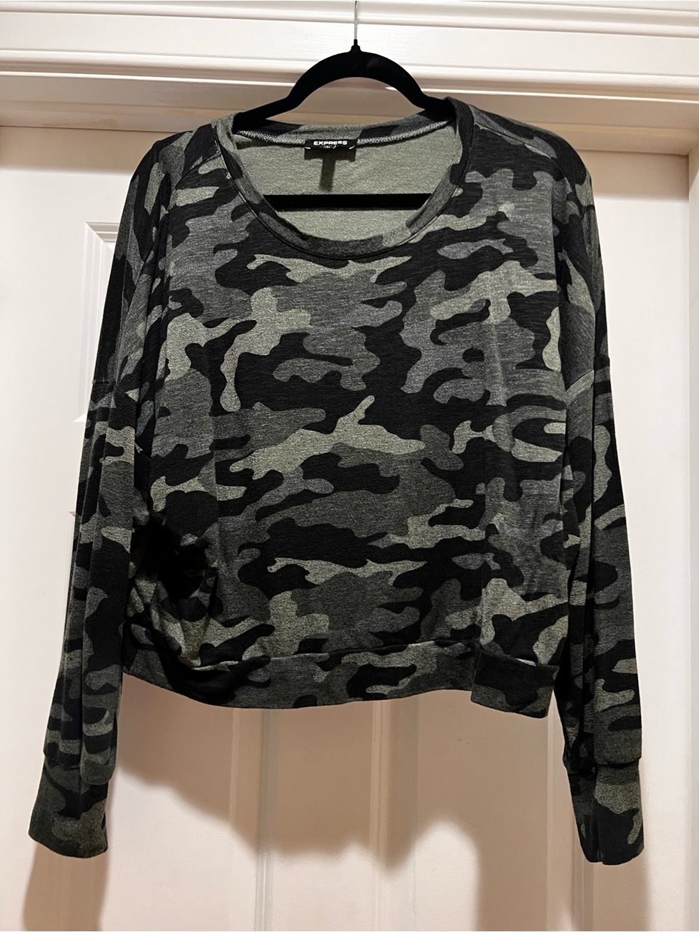 Express Women’s Olive & Black Camo Long-Sleeve Pullover and jog pants set